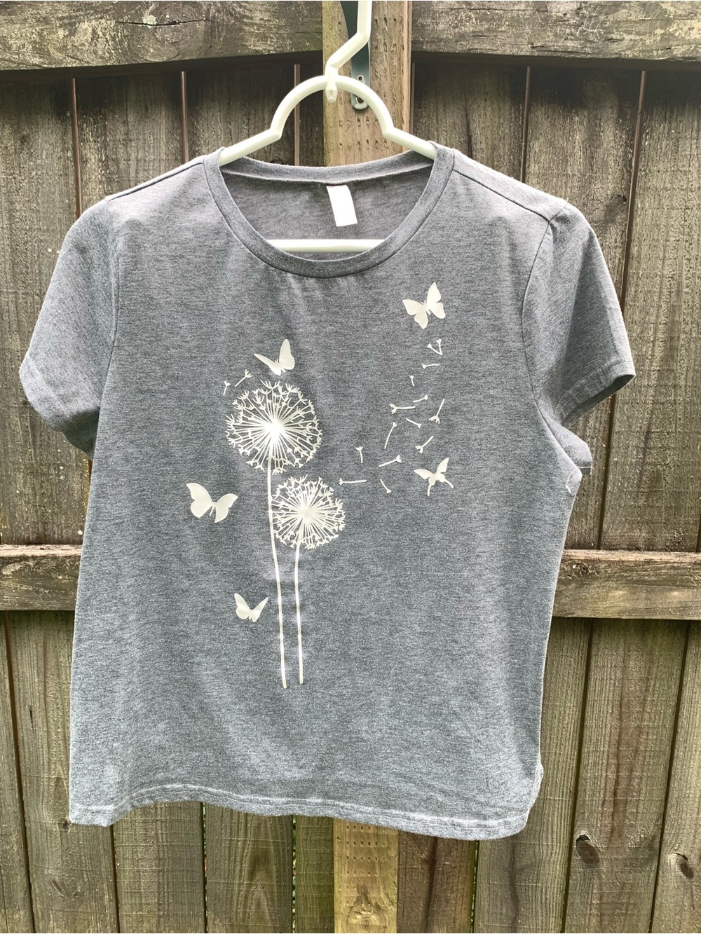 Women’s ADORA Grey Short Sleeve Tee with White Dandelion & Butterfly Print